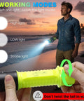 Man using 2 Pack IPX8 Waterproof Diving Flashlight Rechargeable Scuba Light With 3 Modes on beach at sunset, showing grip and beam modes.