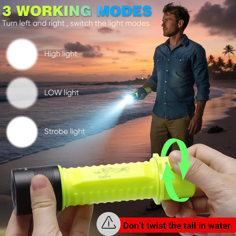 Man using 2 Pack IPX8 Waterproof Diving Flashlight Rechargeable Scuba Light With 3 Modes on beach at sunset, showing grip and beam modes.