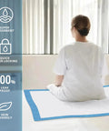 Heavy Duty 40 Count Bed Pads With Secure Adhesive Tabs, 30X36 Disposable Underpads on bed, showing leakproof design and blue border.