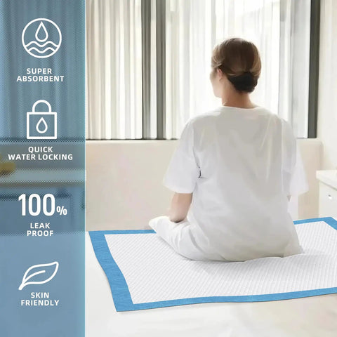 Heavy Duty 40 Count Bed Pads With Secure Adhesive Tabs, 30X36 Disposable Underpads on bed, showing leakproof design and blue border.