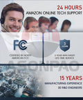 Collage showing tech support, FCC certification, warranty info, and manufacturing experience for a tech product.