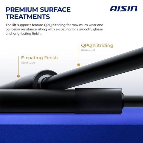 Close-up of Front Hood Lift Support Shock Struts Pair With Bombproof Construction And Slick Gas Spring Action showing e-coating finish and QPQ nitriding.