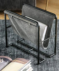Heavy Duty Iron Magazine Rack With Durable Canvas Pockets Solid Floor Standing Organizer showcasing gray canvas bins and sturdy iron frame.