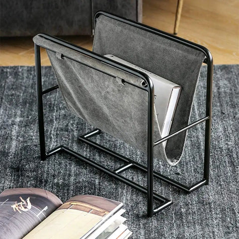 Heavy Duty Iron Magazine Rack With Durable Canvas Pockets Solid Floor Standing Organizer showcasing gray canvas bins and sturdy iron frame.