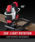 High-Output LED Work Light With 3900 Lumen Rechargeable Dual-Power Clamp showing 360 Degree Rotating Aluminum Body on wood beam