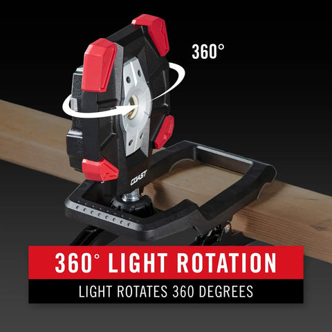 High-Output LED Work Light With 3900 Lumen Rechargeable Dual-Power Clamp showing 360 Degree Rotating Aluminum Body on wood beam