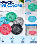 5 Pack Shower Drain Hair Catcher, 5.3 Inch Covers for Bathtub in five colors, perfect for shower and bathtub use.