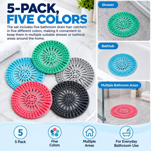 5 Pack Shower Drain Hair Catcher, 5.3 Inch Covers for Bathtub in five colors, perfect for shower and bathtub use.