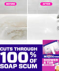 Before and after of bathtub cleaned with Magic Eraser Shower and Tub Scrubber Bathroom Cleaner All In One Kit with Lemon Scent