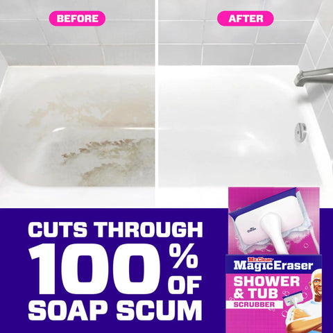 Before and after of bathtub cleaned with Magic Eraser Shower and Tub Scrubber Bathroom Cleaner All In One Kit with Lemon Scent