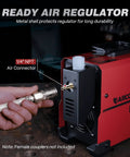 Close-up of red 55 Amp Plasma Cutter With Blowback Non HF Pilot Arc showing air connector and regulator.