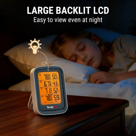 Indoor Outdoor Wireless Thermometer With 3 Sensors, 500ft Range, Multi Location Temperature And Humidity Monitor For Home, Garage, Basement, Greenhouse, And Outdoor Spaces. Large backlit LCD on bedside monitor