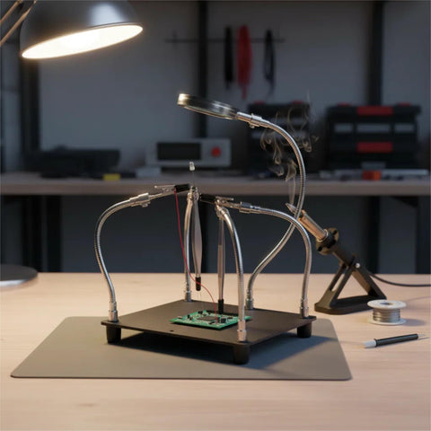 Helping Hands Soldering Station With Magnifying Glass 2.5X, 4 Flexible Arms PCB Holder on a workbench with tools in background