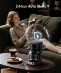 12 Cup Drip Coffee Maker With Electric Grinder Combo, Programmable 24 Hour Brew Timer, on table with cookies and coffee