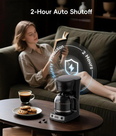 12 Cup Drip Coffee Maker With Electric Grinder Combo, Programmable 24 Hour Brew Timer, on table with cookies and coffee