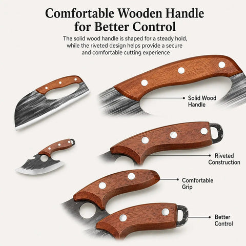 Close-up of wooden handle of Two Piece Hand Forged Chef Knife And Boning Knife Set with riveted construction for control.