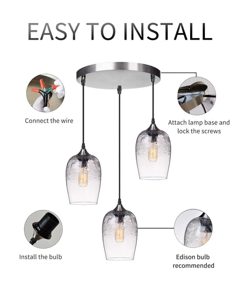 Installation guide for Three Light Teardrop Glass Pendant Chandelier With Hand Blown Seeded Bubbles and wiring details