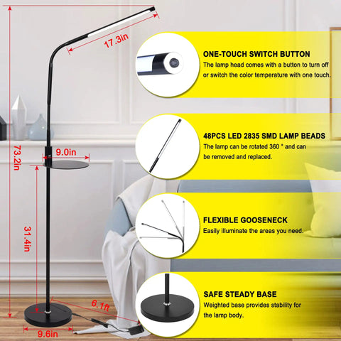 Diagram of Gooseneck LED Floor Lamp With Remote And Touch Control Dimmable From 5 Percent To 100 Percent Brightness next to sofa.