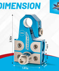 Lead Acid Battery Terminal Clamps Set For Positive And Negative Posts With SAE DIN EN Tapered Top Posts Four Way Connectors, dimensions labeled