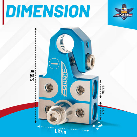 Lead Acid Battery Terminal Clamps Set For Positive And Negative Posts With SAE DIN EN Tapered Top Posts Four Way Connectors, dimensions labeled