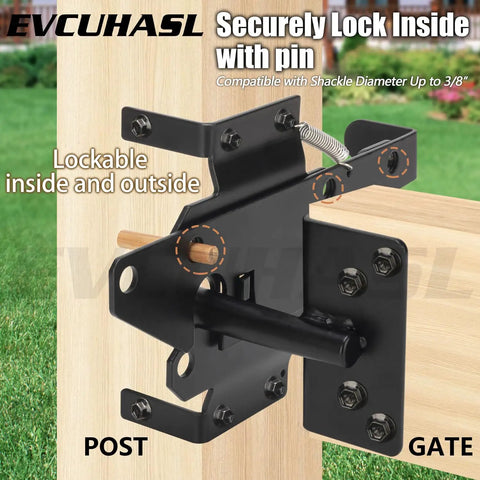 Heavy Duty Rock Solid Self Locking Gate Latch Post Mount Automatic Gravity Door Security Hardware Steel Black Finish installed on a wooden post.