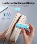Person holding USB Rechargeable Clip On Book Light For Late Night Reading next to beige pouch.