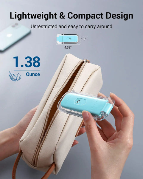 Person holding USB Rechargeable Clip On Book Light For Late Night Reading next to beige pouch.