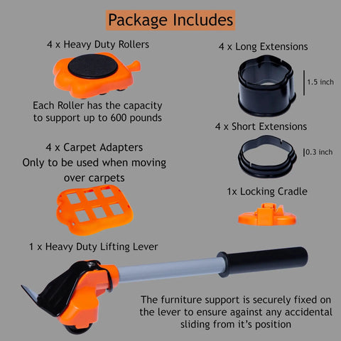 Package contents of Heavy Duty Furniture Lifter And Appliance Roller Sliders Set With 660 Lbs Capacity, includes rollers and lever.