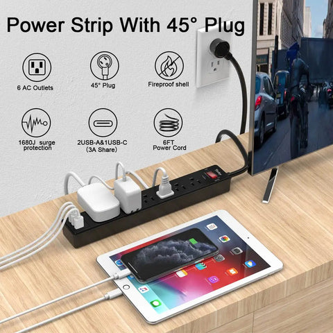 Six Outlet Power Strip With Three USB Ports, 6 Ft Cord, 1680J Surge Protector, Widely Spaced Outlets, USB A And USB C Fast Charge, Overload Shield, Great For Desk, Home Office, And Entertainment Setup, black strip on desk