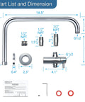 Diagram of All Metal 3 Way Shower Arm Diverter Valve With 16 Inch Shower Head Extension Arm and high rise extender components.