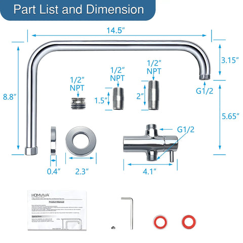 Diagram of All Metal 3 Way Shower Arm Diverter Valve With 16 Inch Shower Head Extension Arm and high rise extender components.