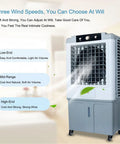 High Capacity Evaporative Air Cooler With A Massive 90 Liter Water Tank And Three Quick Speeds, displaying wind speed options.