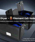 3D Printer Filament Dryer S4 showing open top, 4 spool capacity, filament exit holes, and digital display, black