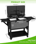 104 Quart Patio Rolling Ice Chest Cooler Cart With Wheels For Outdoor Parties And Backyard BBQs, open with measurements