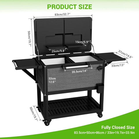 104 Quart Patio Rolling Ice Chest Cooler Cart With Wheels For Outdoor Parties And Backyard BBQs, open with measurements