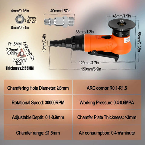 Hot Deal On This Snazzy Two In One Mini Pneumatic Chamfering Machine with specifications and dimensions for precise corner beveling.
