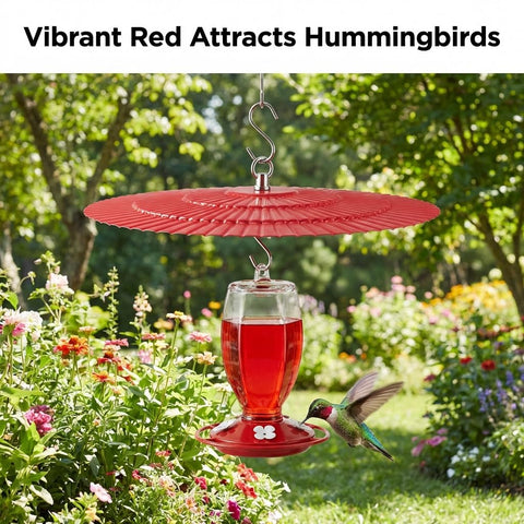 Two Pack 11.5 Inch Metal Bird Feeder Rain Guard With Red Umbrella Dome Shield over feeder with hummingbird in a garden.