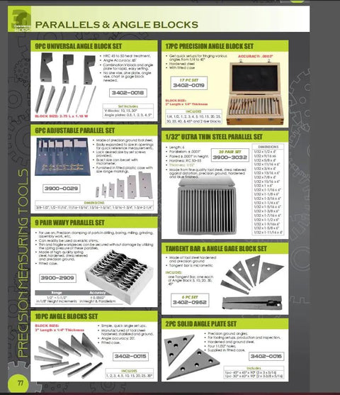Catalog page with various parallel and angle block sets, showing different sizes and materials including steel and wood cases.