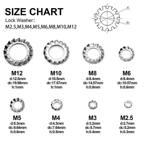 Front view of QTEATAK stainless steel external multi-tooth star lock washers, eight sizes (M2.5–M12).