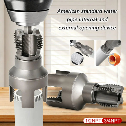 Super Tough 20Mm And 25Mm Water Pipe Threader Attachment For Electric Drill showing internal and external threading device on pipes.