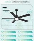 52 Inch Outdoor Ceiling Fan With Lights For Patio And Pergola IP65 Waterproof Gazebo Hanging Fan displayed with dimensions.