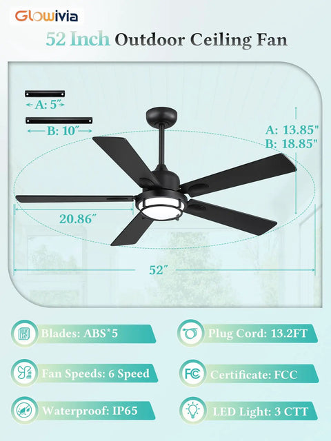 52 Inch Outdoor Ceiling Fan With Lights For Patio And Pergola IP65 Waterproof Gazebo Hanging Fan displayed with dimensions.