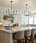 Premium Black Six Light Chandelier Rust Resistant Metal Candle Pendant Fixture For Dining Room Kitchen Modern Farmhouse Ceiling Lamp over kitchen island.