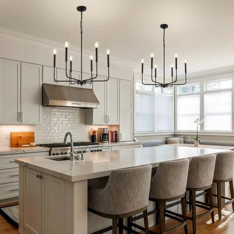 Premium Black Six Light Chandelier Rust Resistant Metal Candle Pendant Fixture For Dining Room Kitchen Modern Farmhouse Ceiling Lamp over kitchen island.