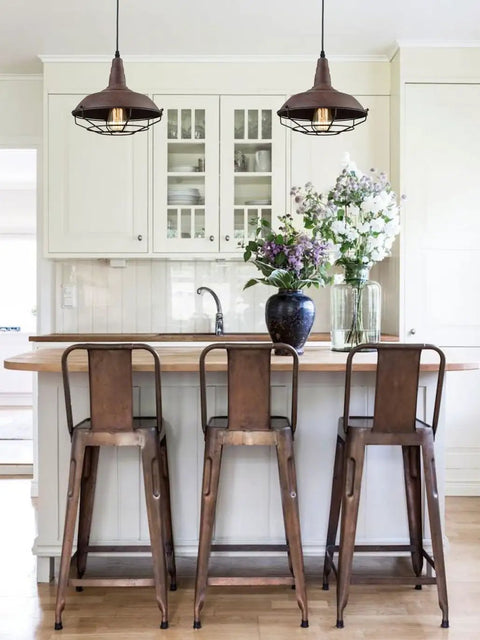Barn Style Pendant Light With Rustic Rust Finish, Industrial Wire Cage Hanging Fixture For Kitchen Island And Hallway in modern kitchen.