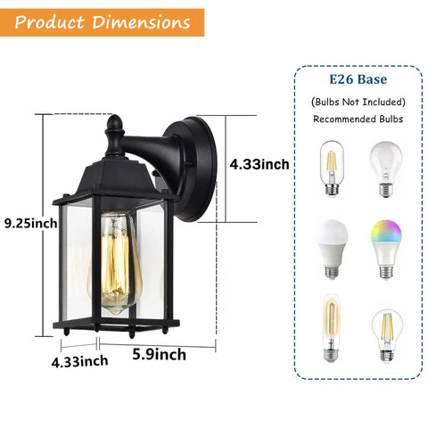 Black Exterior Wall Lanterns Set of 2 for Porch and Entryway, Weatherproof Aluminum Outdoor Sconce with Clear Glass
