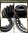 Close-up of black hardened steel gears from 52T 1.0M Spur Gear Kit With 18T 20T 22T Pinions For XMAXX XRT XO 1 Maxx E Revo 2.0 VXL RC Cars.