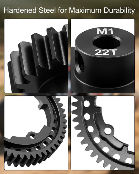 Close-up of black hardened steel gears from 52T 1.0M Spur Gear Kit With 18T 20T 22T Pinions For XMAXX XRT XO 1 Maxx E Revo 2.0 VXL RC Cars.