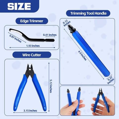 13 Piece Deburring Tool Kit With 11 HSS Blades And Precision Wire Cutter For Quick Burr Removal In 3D Printing Metal Plastic PVC Copper Projects Handy Pro Grade All In One Set For Trimming Edges And Finishing Surfaces Supports And Brims showing handle dimensions and blue wire cutter
