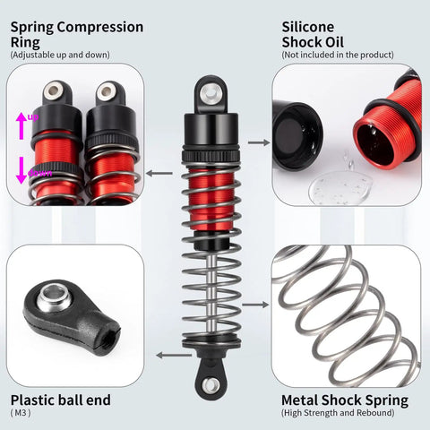 Exploded view of 80mm Aluminum Threaded RC Shock Absorbers For 1/10 Scale Crawler Trucks showing components and features.